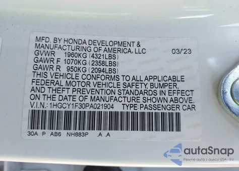 2023 Honda Accord Ex из США, поврежденный, VIN 1HGCY1F30PA021904